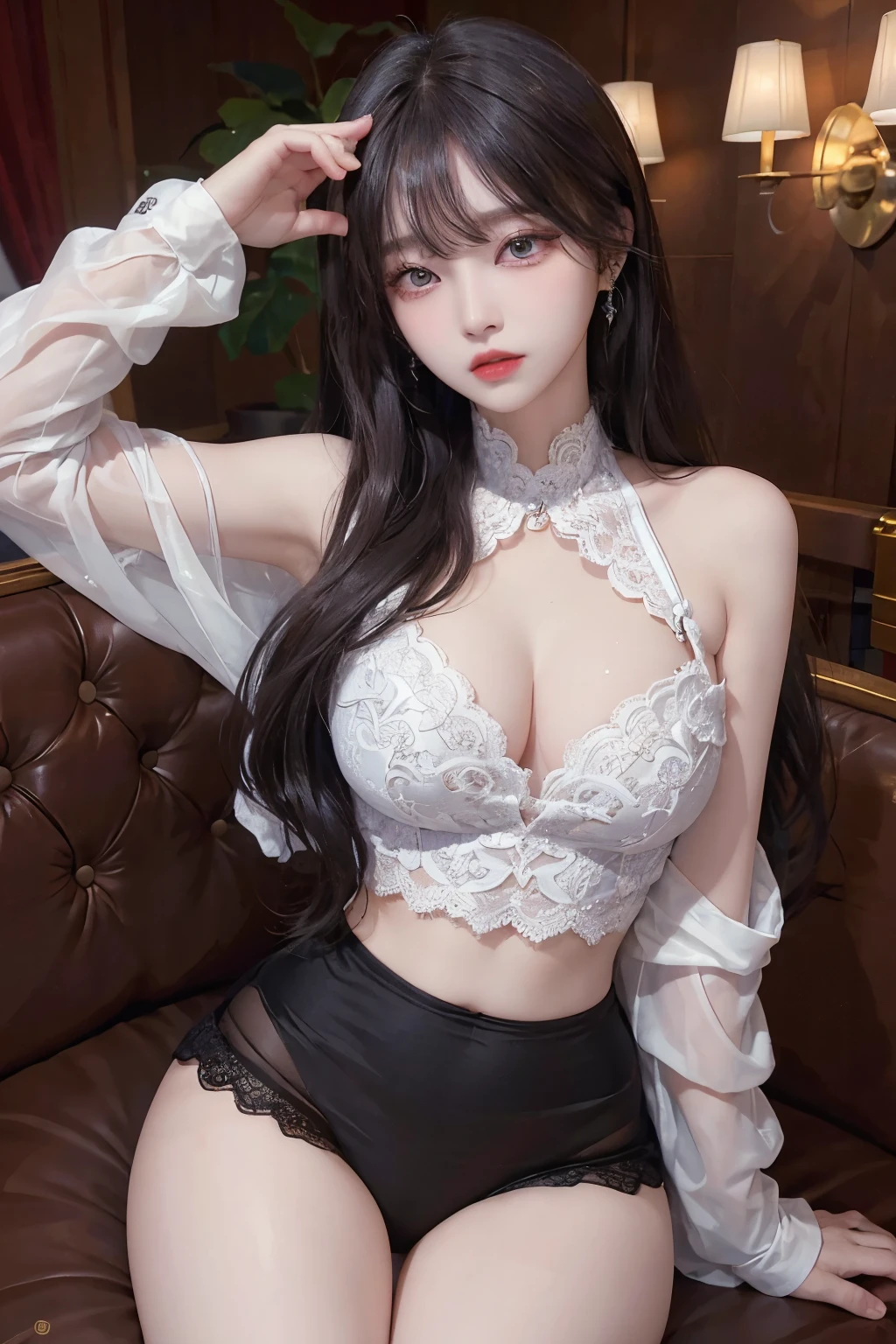 Top image quality、Raw photography、A high resolution、20-year-old cool Korean、big round chest、lace crop top、Beautiful Eyes of Details、very elongated eyes、Beautiful eyelashes、Beautiful double eyelids、eyeshadows、long legs,medium thighs, beautiful eyes finely detailed、elongated eyes、long eyeslashes、Beautiful double eyelids、eyeshadows、earrings、shiny skin、 1 girl, solo, sexy pose, sexy lace boxers,