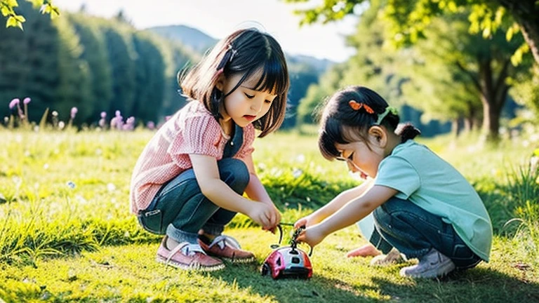 Children playing with beautiful beetles in the countryside、Kids playing with cute beetles in the countryside、