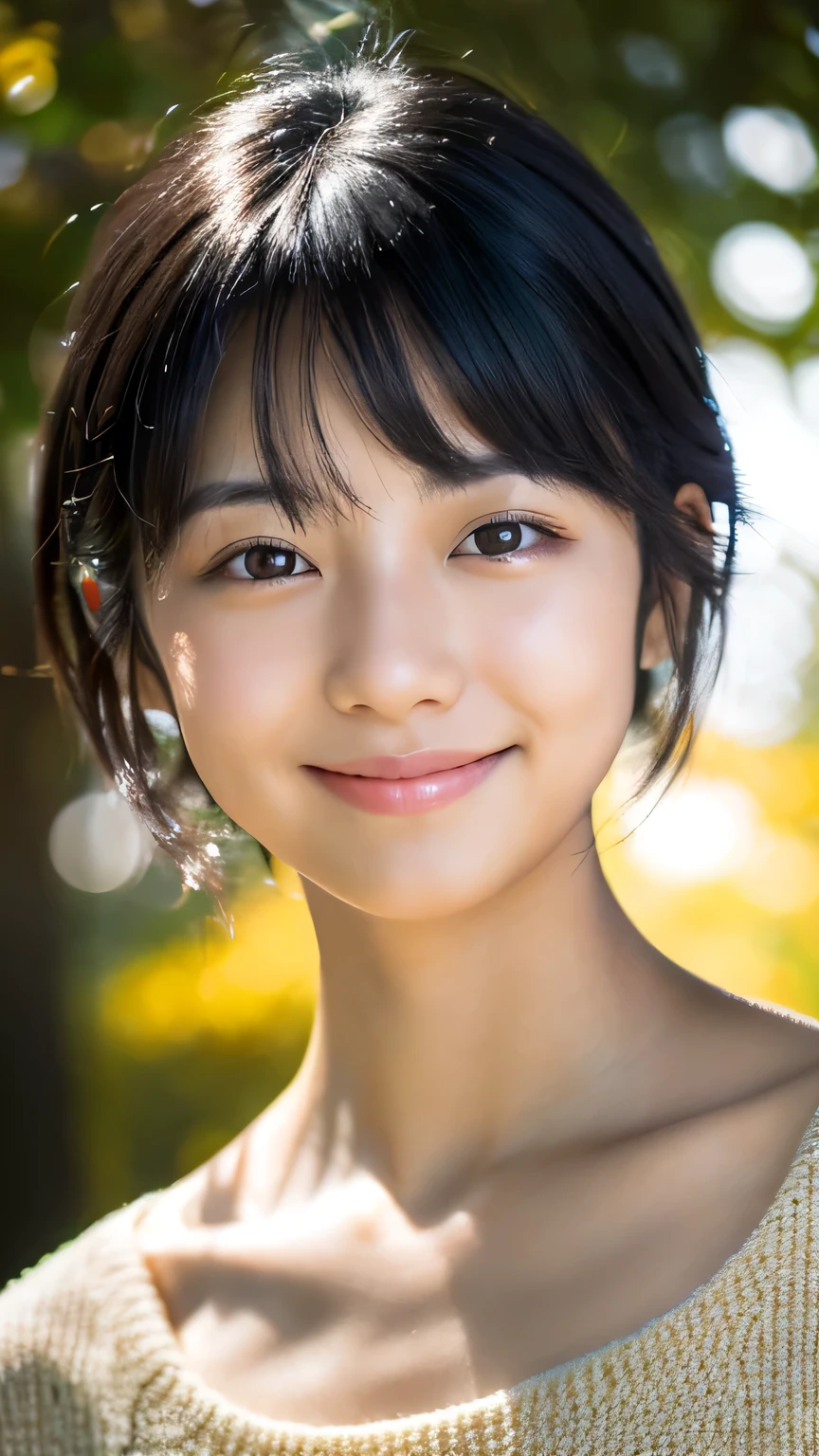 Portraiture, 8k, high quality, Realistic Photographic Images, 17 years old, Japanese women, Neat, small, Natural and realistic eyes, Beautiful black hair, short hair, light makeup, Octane Rendering, Beautiful lighting, Golden ratio composition, smile, Casual wear, Casual clothing, Natural background, Blurred Background