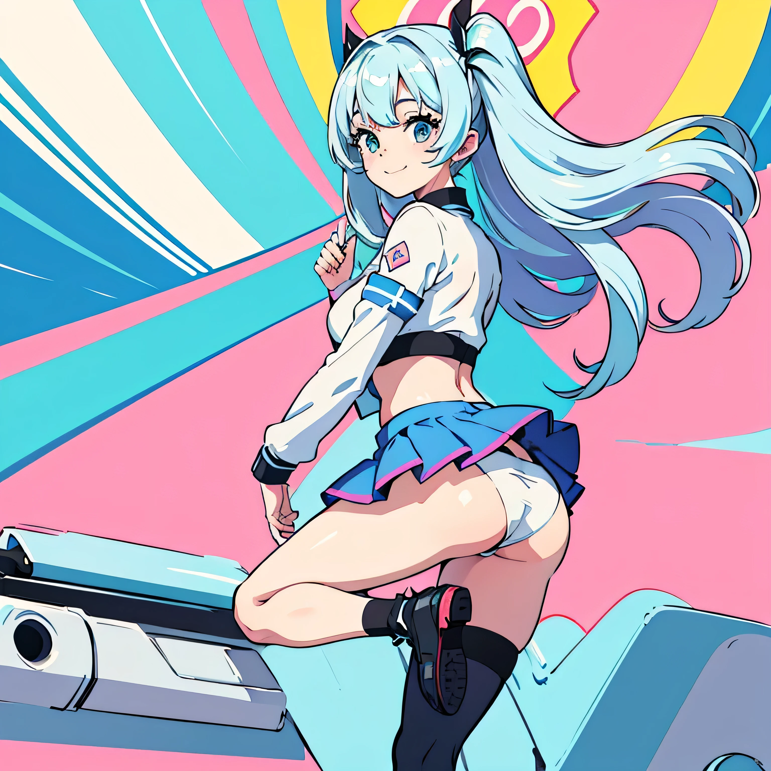 masterpiece, highest quality, Pop illustrations, Pop colors, Pastel Tones, pastel colour,Big Butt,Race Queen,Miniskirt,smile