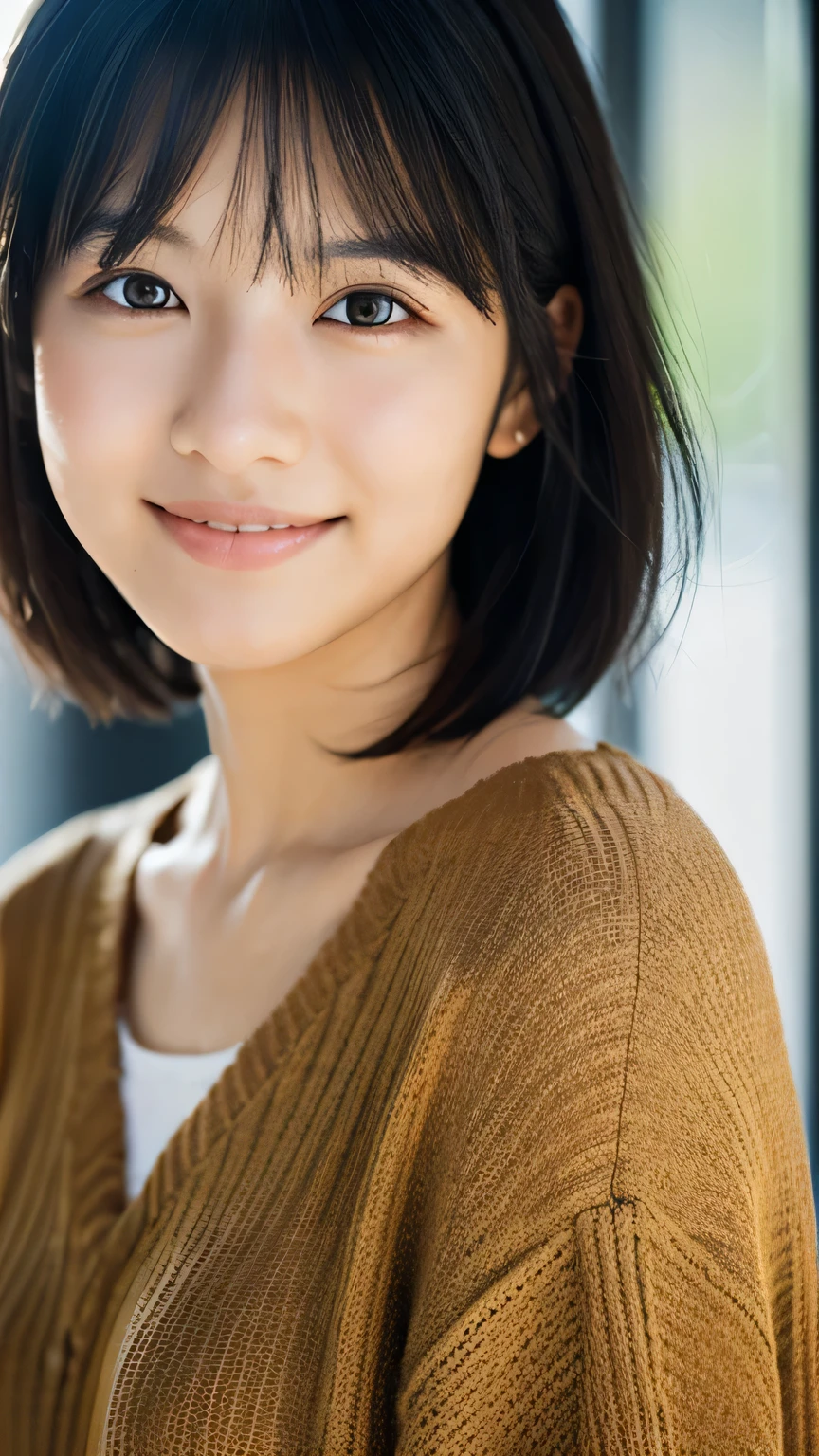 Portraiture, 8k, high quality, Realistic Photographic Images, , Japanese women, Neat, small, Natural and realistic eyes, Beautiful black hair, short hair, light makeup, Octane Rendering, Beautiful lighting, Golden ratio composition, smile, Casual wear, Casual clothing, Natural background, Blurred Background