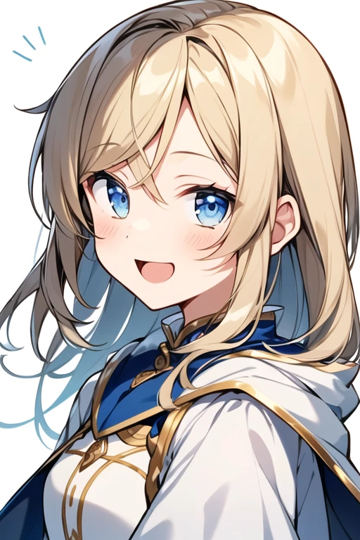 One Girl、((Whole Body Ezbian、Character portrait:1.2)), highest quality、Tabletop、Beige Hair, Super Long Hair, , White cape outfit、Light blue ribbon、Laughter、Laughter that opens its mouth a little、White background