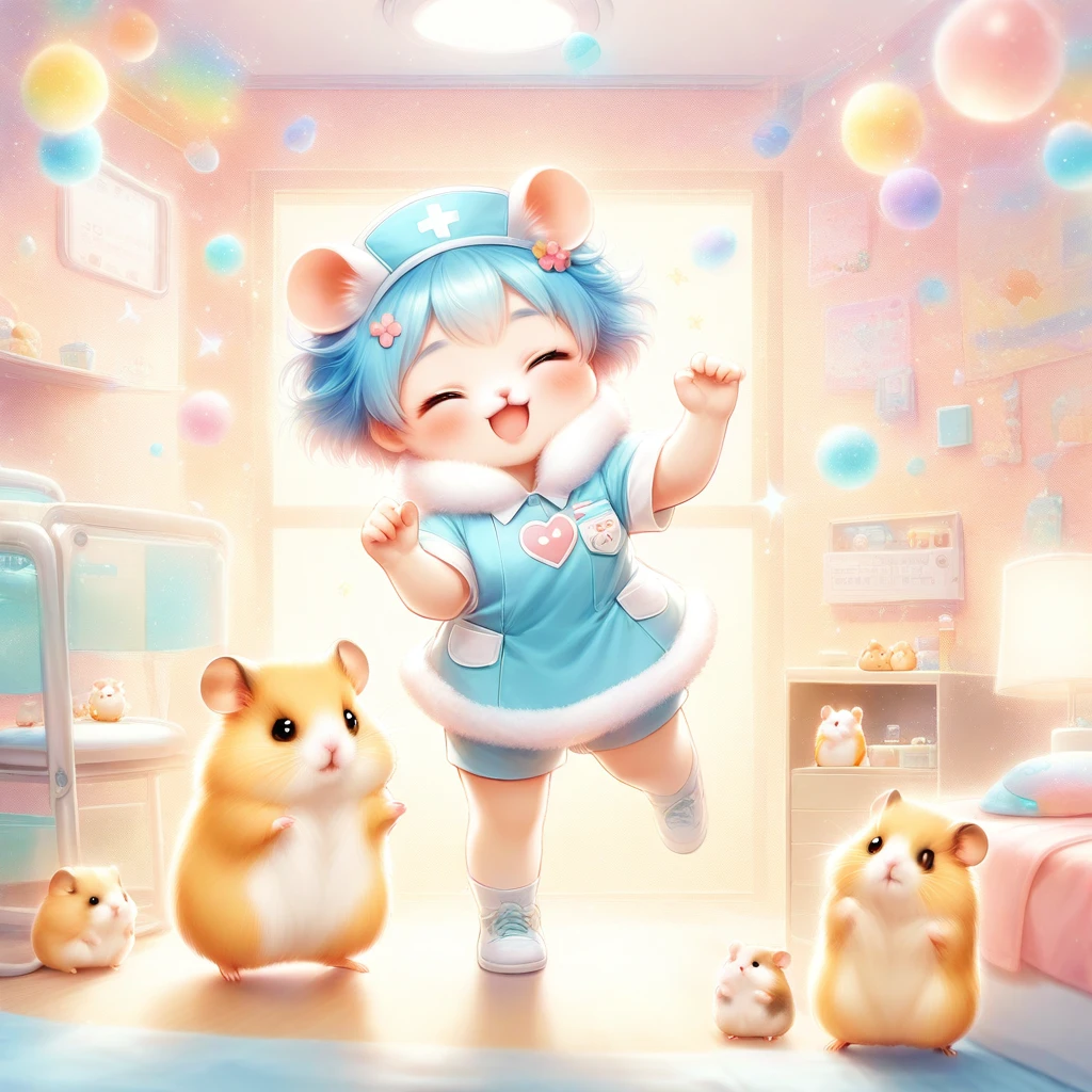 cuteAn illustration,hamsterの幼稚園,hamsterの親子:animal:cute:approach:Comfortable and warm:looks happy,An illustration,pop,colorfulに,color,,Lamp light,hamsterの親子:Have a happy dream,The room is warm and full of happiness...,,colorful,Fancy,Fantasy,patchwork:quilt,detailed explanation,fluffy,Randolph Caldecott Style,hamster,最高にcutehamster,fluffyhamster,break,,Nurse Costume,Doctor Play,dance,Fight with magic,Shine,Magical Effects,Group photo,BREAK,Hospital room background,patient,Hospital Supplies