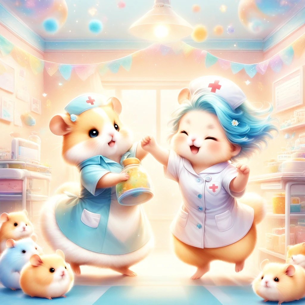 cuteAn illustration,hamsterの幼稚園,hamsterの親子:animal:cute:approach:Comfortable and warm:looks happy,An illustration,pop,colorfulに,color,,Lamp light,hamsterの親子:Have a happy dream,The room is warm and full of happiness...,,colorful,Fancy,Fantasy,patchwork:quilt,detailed explanation,fluffy,Randolph Caldecott Style,hamster,最高にcutehamster,fluffyhamster,break,,Nurse Costume,Doctor Play,dance,Fight with magic,Shine,Magical Effects,Group photo,BREAK,Hospital room background,patient,Hospital Supplies