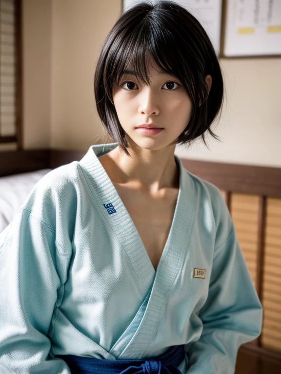 Ultra-high resolution, (Realistic: 1.4), RAW Photos, highest quality, (Realisticistic), concentrated, Soft Light, ((28 years old)), ((Japanese)), (front, Young Face))), (Written boundary depth), masterpiece, (Realistic), woman, short hair、Black Hair, Bedroom, Small breasts、Small breasts、Sleep on your back:1.5、Karate uniform:1.5、Judo、whole body