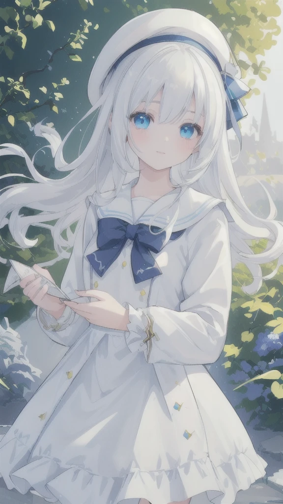 (best quality,4k,8k,highres,masterpiece:1.2),ultra-detailed,realistic:1.37,white-haired girl,white sailor uniform,blue beret,crystal-decorated grimoire,scenic garden background,vibrant colors,soft lighting