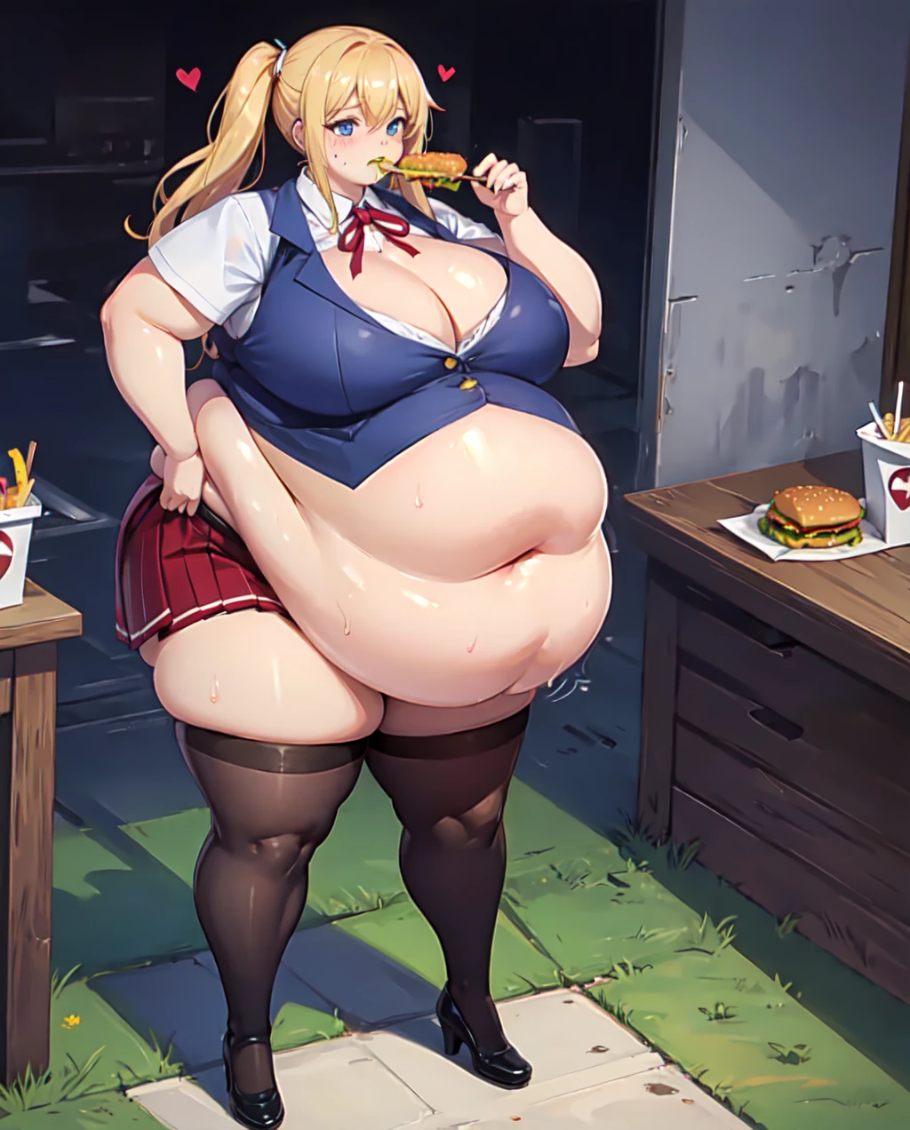 High quality, full body photo of a beautiful sexy secretary wearing extremely short skirt and seamed stockings, ((solo)), adult, high heels, craves sex, sweaty, eating at McDonalds, beautiful face, long wavy blonde hair, stunning blue eyes, massive painfully overstuffed bloated distended bulging heavy obese belly, panties visible under skirt, revealing skirt, shes binge eating, weight gain, very wide fat hips, fat thick thighs, massive wide fat round heart shaped shelf bubble butt, massive fat heavy breasts, very deep cleavage, tight uniform, belly so full it hurts, shes so fat she can barely stand, shes so full she can barely stand, her clothes dont fit shes so extremely fat, shes become a fat food addicted slob, she doesnt care about being fat anymore she just wants to eat more and more food until she cant move, covered in sweat, belly bigger than her body, she’s very heavy massive and obese, fat cheeks, fat face, fat neck, struggling to eat more, struggling to stand, shes rubbing her belly, burping, sagging obese belly, gurgling belly, she cant fit anymore food inside her belly,