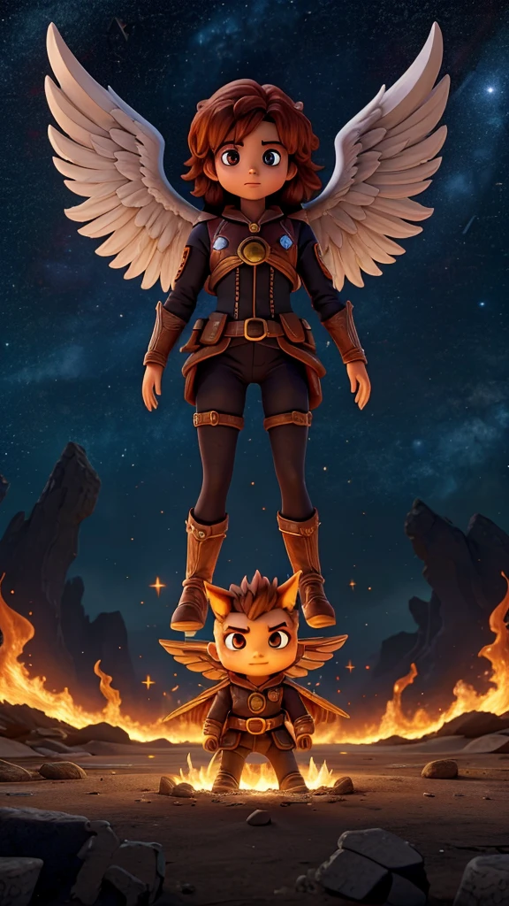 :
"Imagine an apocalyptic scenario where cosmic battles erupt in the heavens while stars fall in flames from above.. En medio de este caos celestial, An angel and a demon face off in an epic duel that shakes the very foundations of the universe.. The angel radiates a bright and pure light, con alas desplegadas que parecen incendiar el firmamento, mientras que el demonio emana oscuridad y poder maligno, with fiery eyes that reflect the flames of fallen stars. Alrededor de ellos, the energy of battle distorts space and time, creating an astonishing and unforgettable visual spectacle that defies all logic and understanding."