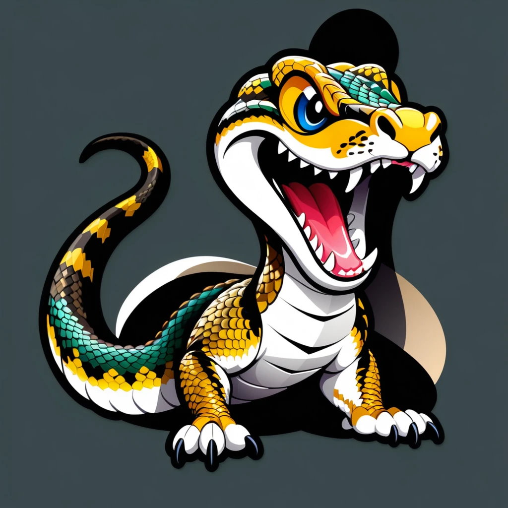 A cute full body rattlesnake, The whole body is intact,Twisted,Open mouth showing teeth,rich and colorful, Die-cut stickers, logo, Vector Graphics, T-shirt design, no background
