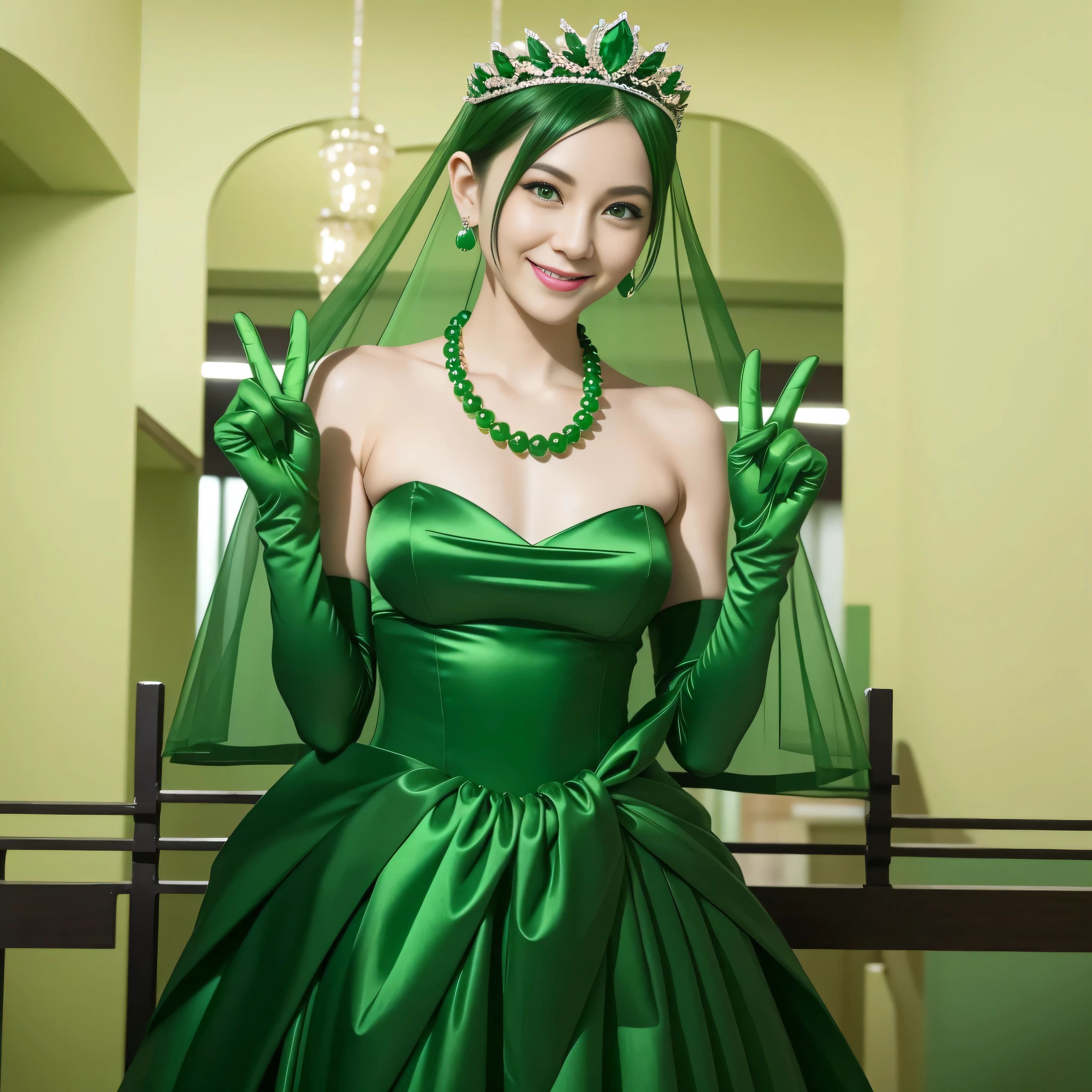 Emerald tiara, Green Pearl Necklace, Boyish very short green hair, lipstick, Smiling Japanese woman, Very short hair, Big and beautiful, Green Eyes, Long green satin gloves, Green Eyes, v sign, Emerald Earrings, Green veil
