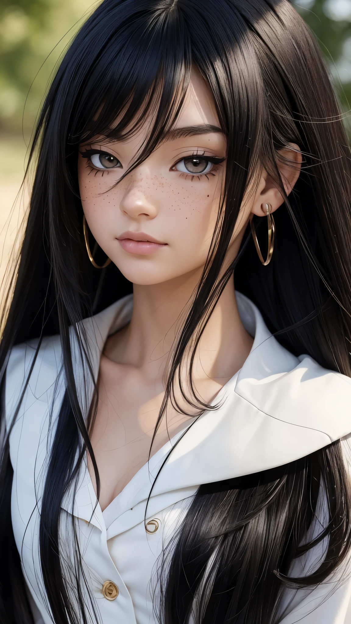 masterpiece, best quality, {best quality}, {{masterpiece}}, {highres}, focus, anime style, a closeup of a cartoon of a woman, girl design, portrait, giesha, anime image, long hair, black hair, straight eyes, hair covering ears, polished and powerful look, exotic, tall, freckles, cheerful, classic clothing, colorful, colors  