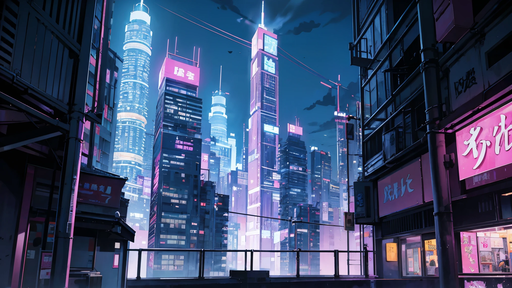 Manga style illustration、Solid Paint、City Building、rooftop、skyscraper、Purple neon color, pink, green