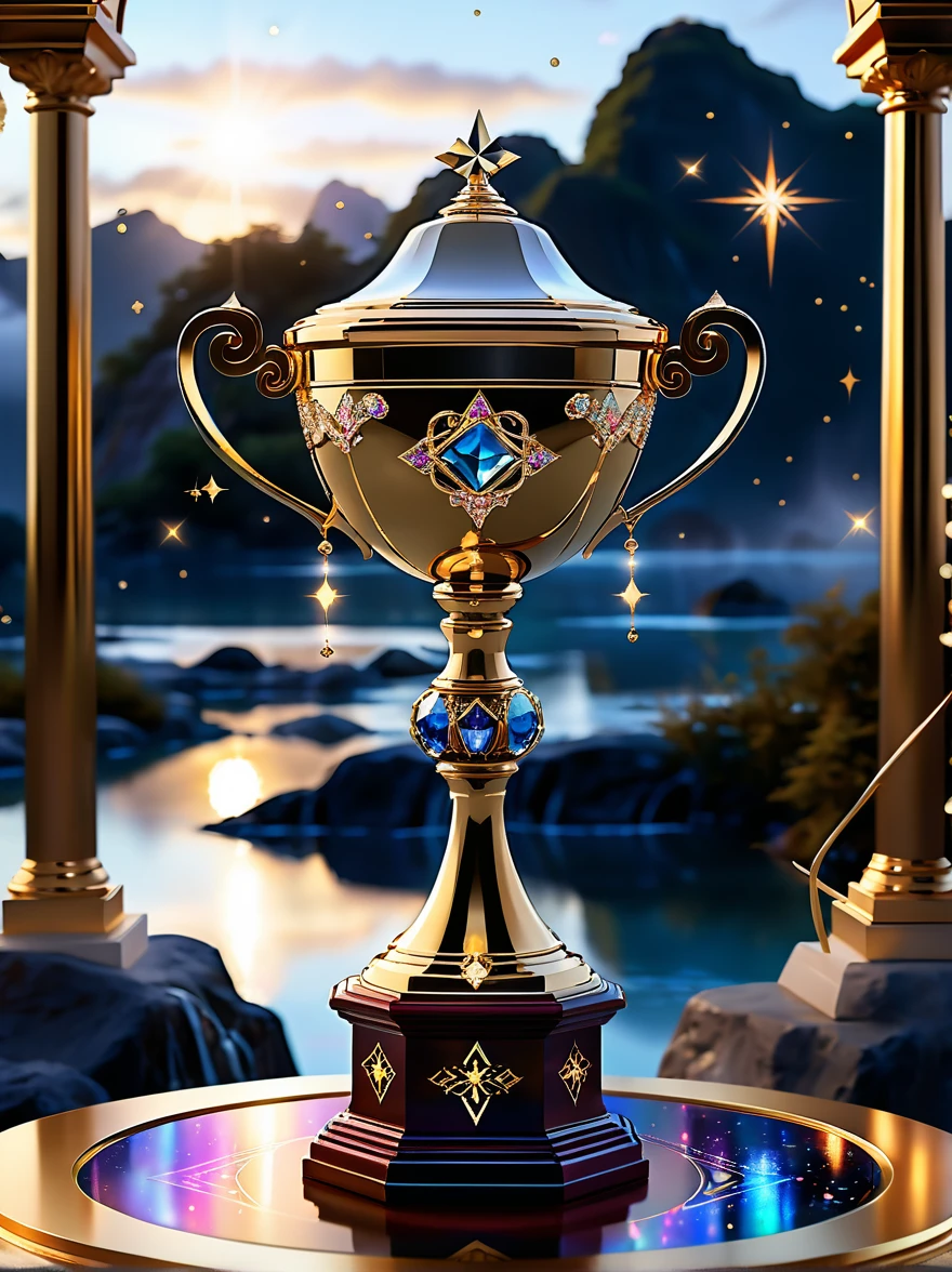 A majestic golden trophy in the magic world，Luxury，Spectacular，Sophisticated design，The surface is inlaid with precious gemstones，It rests on a pedestal adorned with mystical runes and surrounded by a radiant halo.，The background is a dreamy landscape，There are floating islands、sparkling waterfalls，The sky is filled with twinkling stars and glowing constellations，Adds a charming atmosphere，The whole scene exudes magnificence and magic，The beam highlights the grandeur of the trophy。