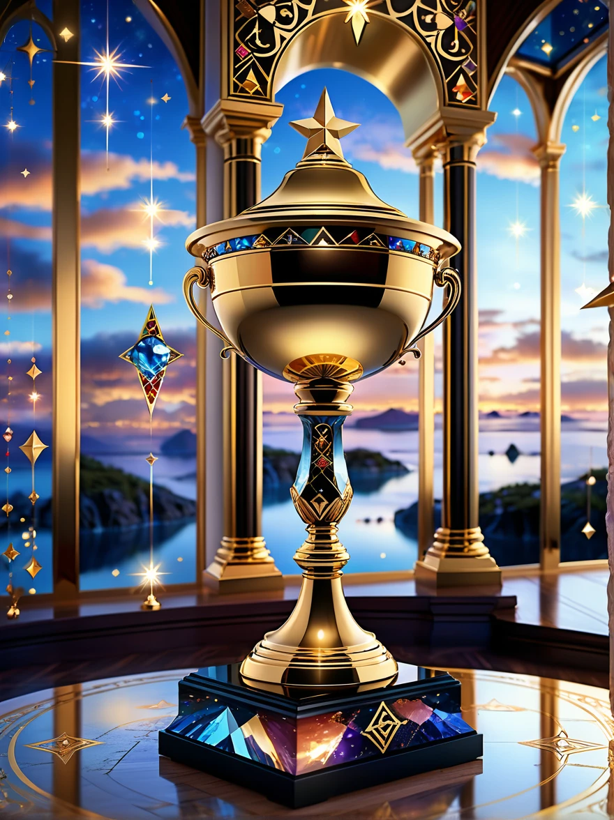 A majestic golden trophy in the magic world，Luxury，Spectacular，Sophisticated design，The surface is inlaid with precious gemstones，It rests on a pedestal adorned with mystical runes and surrounded by a radiant halo.，The background is a dreamy landscape，There are floating islands、sparkling waterfalls，The sky is filled with twinkling stars and glowing constellations，Adds a charming atmosphere，The whole scene exudes magnificence and magic，The beam highlights the grandeur of the trophy。