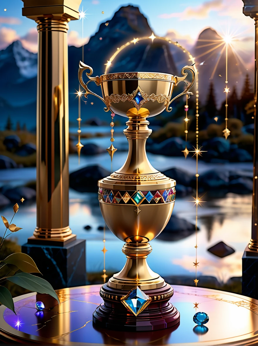A majestic golden trophy in the magic world,Luxury,Spectacular,Sophisticated design,The surface is inlaid with precious gemstones,It rests on a pedestal adorned with mystical runes and surrounded by a radiant halo.,The background is a dreamy landscape,There are floating islands、sparkling waterfalls,The sky is filled with twinkling stars and glowing constellations,Adds a charming atmosphere,The whole scene exudes magnificence and magic,The beam highlights the grandeur of the trophy。