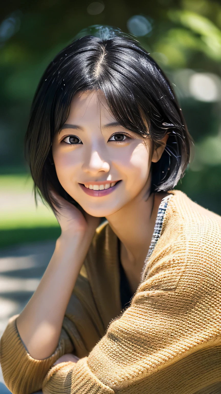 Portraiture, 8k, high quality, Realistic Photographic Images, 17 years old, Japanese women, Neat, small, Natural and realistic eyes, Beautiful black hair, short hair, light makeup, Octane Rendering, Beautiful lighting, Golden ratio composition, smile, Casual wear, Casual clothing, Natural background, Blurred Background