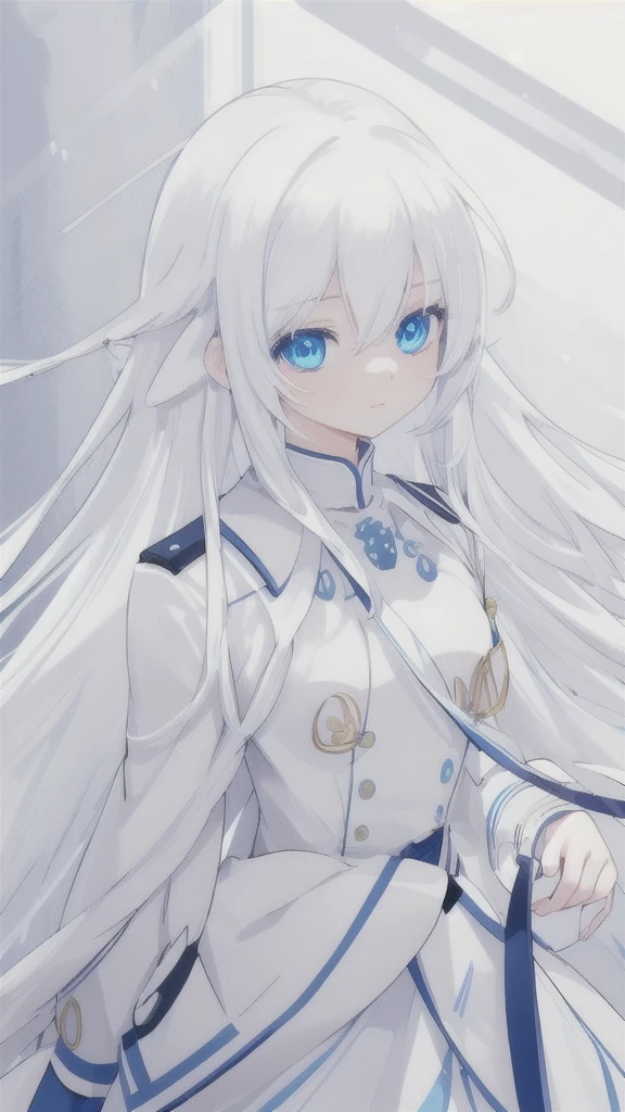 (best quality,highres),long white hair,detailed blue eyes,white uniform,vivid colors,photorealistic,studio lighting