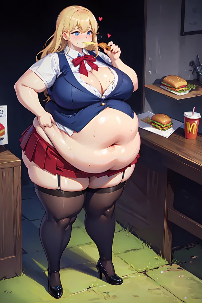 High quality, full body photo of a beautiful sexy secretary wearing extremely short skirt and seamed stockings, ((solo)), adult, high heels, craves sex, sweaty, eating at McDonalds, beautiful face, long wavy blonde hair, stunning blue eyes, massive painfully overstuffed bloated distended bulging heavy obese belly, panties visible under skirt, revealing skirt, shes binge eating, weight gain, very wide fat hips, fat thick thighs, massive wide fat round heart shaped shelf bubble butt, massive fat heavy breasts, very deep cleavage, tight uniform, belly so full it hurts, shes so fat she can barely stand, shes so full she can barely stand, her clothes dont fit shes so extremely fat, shes become a fat food addicted slob, she doesnt care about being fat anymore she just wants to eat more and more food until she cant move, covered in sweat, belly bigger than her body, she’s very heavy massive and obese, fat cheeks, fat face, fat neck, struggling to eat more, struggling to stand, shes rubbing her belly, burping, sagging obese belly,