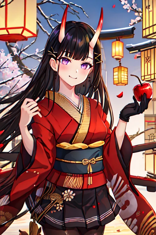 best quality, masterpiece, highres, solo, {noshiro_azurlane:1.15}, long_hair, horns, oni_horns, black_hair, purple_eyes, bangs, hair_ornament, hairclip, breasts, x_hair_ornament, serafuku, very_long_hair, 1girl, candy_apple, food, gloves, holding, japanese_clothes, kimono, black skirt, looking_at_viewer, red_kimono, black_gloves, blunt_bangs, closed_mouth, long_sleeves, petals, smile, wide_sleeves, hairpin, lantern, obi, sash, pantyhose