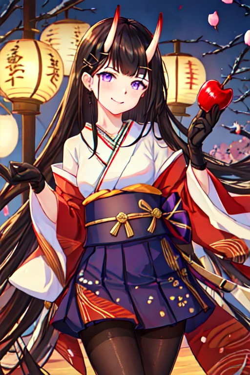 best quality, masterpiece, highres, solo, {noshiro_azurlane:1.15}, long_hair, horns, oni_horns, black_hair, purple_eyes, bangs, hair_ornament, hairclip, breasts, x_hair_ornament, serafuku, very_long_hair, 1girl, candy_apple, food, gloves, holding, japanese_clothes, kimono, black skirt, looking_at_viewer, red_kimono, black_gloves, blunt_bangs, closed_mouth, long_sleeves, petals, smile, wide_sleeves, hairpin, lantern, obi, sash, pantyhose