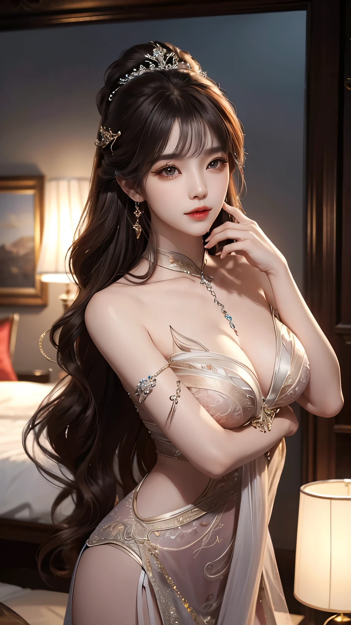 ((yushuxin,1girl,solo)), ((Bare shoulders)), warm color, atmosphere, 4K, masterpiece, high resolution, ridiculous, Sexy long legs, Random scenes, Strike a pose, Brown Wavy Hair, lust, Eye, Shy, Pure desire, Tempting, Sexy pose, Large Breasts, Very detailed, Exquisite makeup, Charm and sophistication, Tempting的姿势, beauty, grace, lifelike, Very detailed, Astonishing, beauty的, Young and energetic, Charming model, The right hand, Anatomically correct