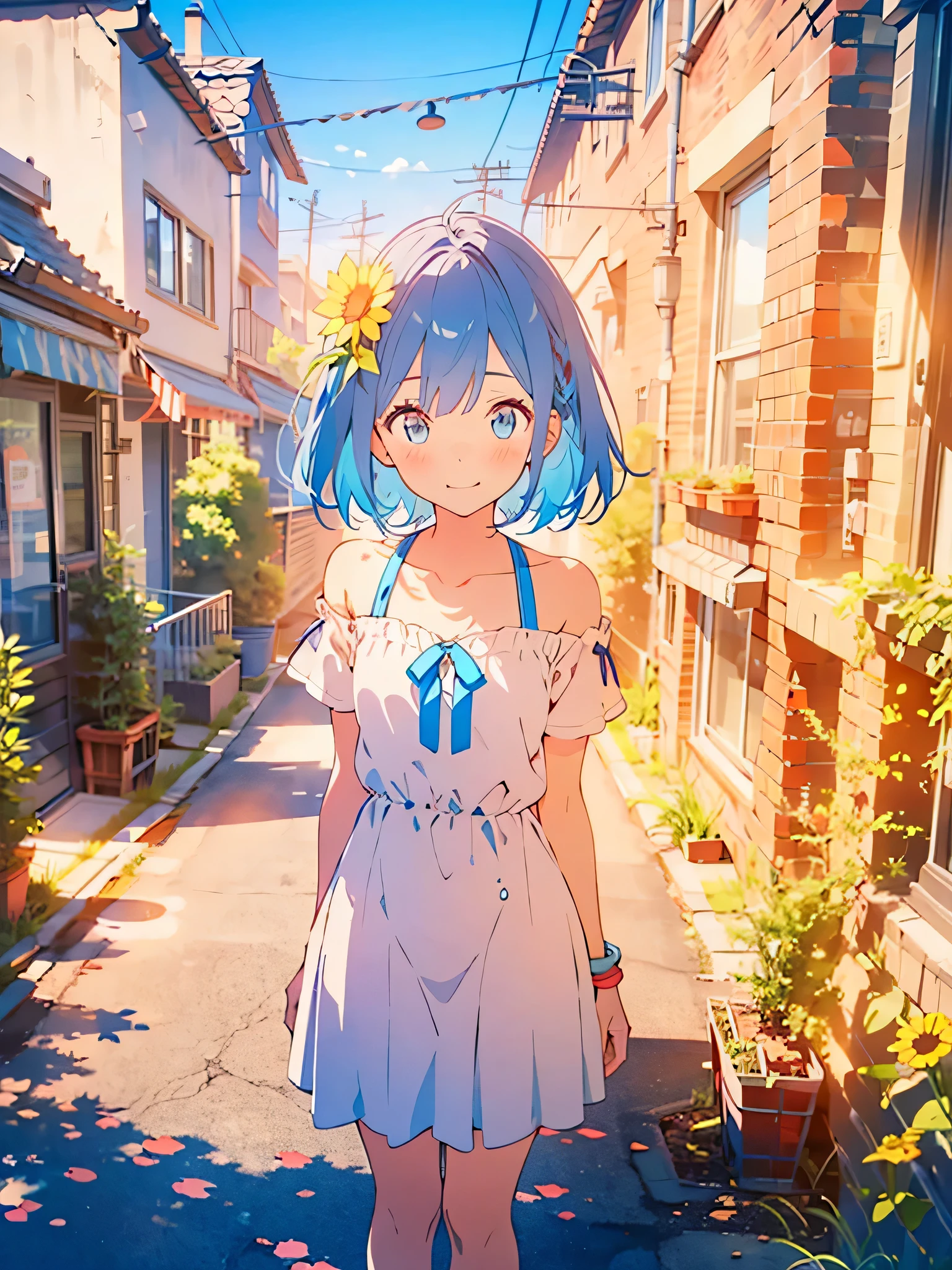 NSFW,masterpiece, best quality,(((color trace))),looking at viewer,town image,((short stature))
1girl, solo, open eyes,smile, standing,shoulder cutout, dress,((((blue hair)))),blue panty,green eyes,grim eyes, pigtail, blush, shortcut hair, white dress, clothing cutout, bangs, necklace, blurry, hand between leg,Town background, between legs, bow, facing viewer, small breasts, bare shoulders, straw hat, day, collarbone, hair bow, short sleeves, feet out of frame, ribbon,depth of field, hair over shoulder,noon,sky,bright sky,sun flower,downtown,old building