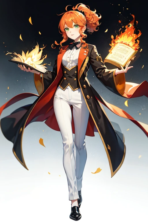 Anime girl with orange hair and green eyes. Casting fire magic with a tome. Wearing a RED COLOR butler outfit with black and gold accents. White pants and gold shoes. Hair tied up in a ponytail but curly and windswept bangs.