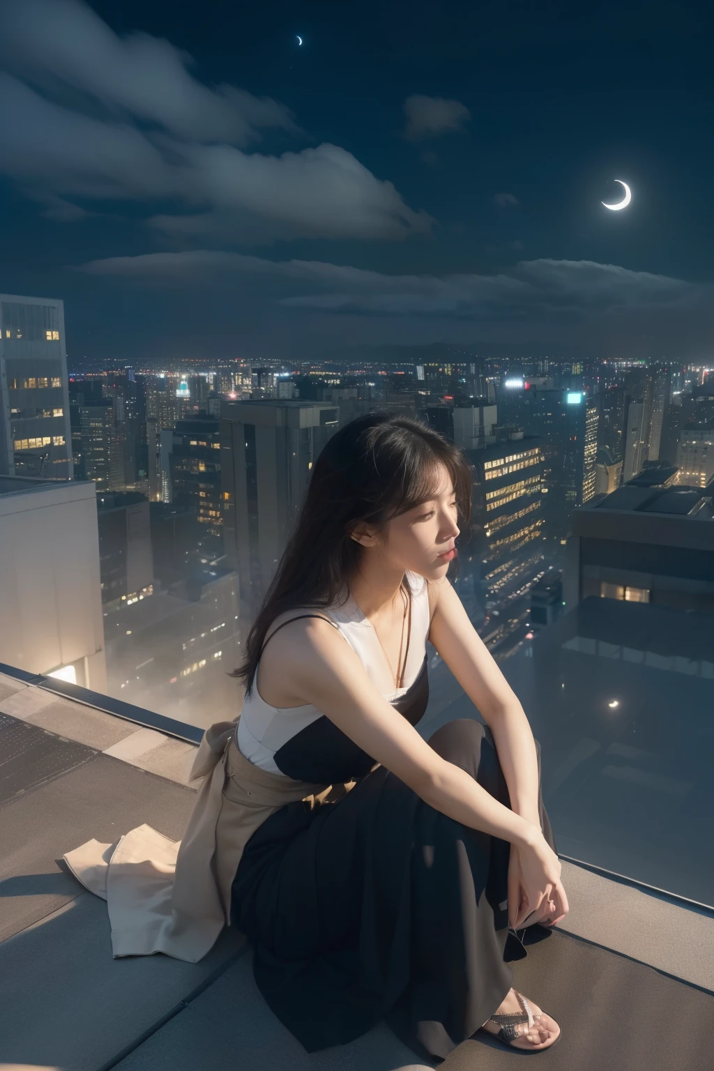 ((highest quality)), ((8K)), ((masterpiece: 1.3)), (Perfect appearance), (Photorealism: 1.6), (Ultra high definition), (Late Night: 1.4), (Skyscraper rooftop: 1.4), (Night sky with the moon visible through the clouds: 1.4), (Windy rooftop: 1.4), (ビルの端に腰掛けるJapanese Mature: 1.6), (Sitting facing the outside of the building), (Legs thrown in the air: 1.2), (Woman looking down far below: 1.4), (Focus on the female figure: 1.4), (The rooftop floor is visible behind the woman.: 1.4), (A female figure in the center: 1.4), (An aerial view of a woman&#39;s back: 1.4), (60 years old, Japanese Mature), ((Realistic skin texture)), ((Realistic skin texture)), (Fine lines all over the skin), (Dull skin), (Facial wrinkles), (Wrinkles around the eyes), double eyelid, Tear bags under the eyelids, Serious look, (Short bangs: 1.2), (Long Hair: 1.6), (Long hair is messed up by the strong wind: 1.4), (Soft fabric blouse: 1.2), (Flared long skirt: 1.2), (Her blouse and skirt are fluttering in the wind.: 1.4), (High heels: 1.2),