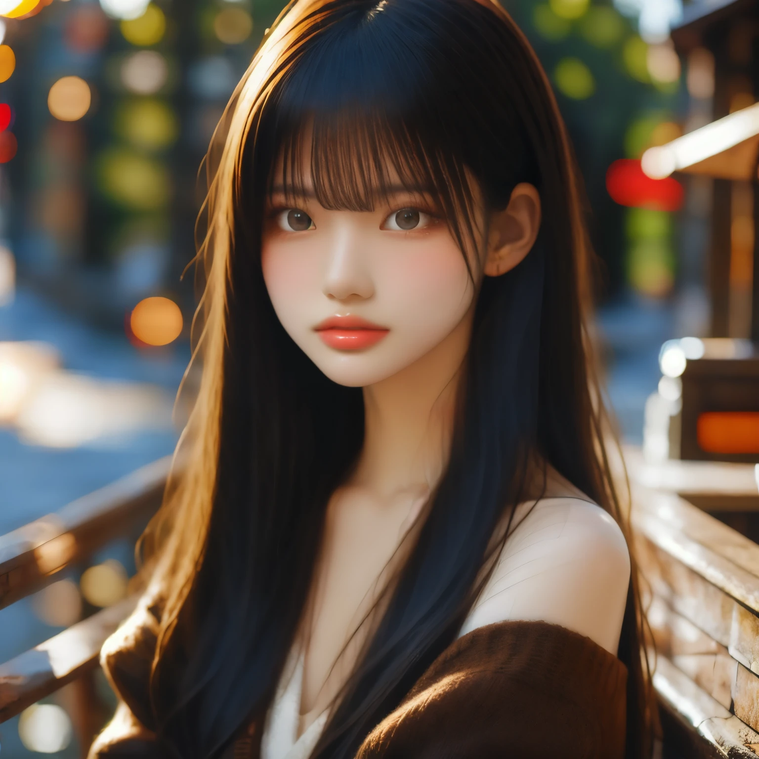 best quality, masterpiece, girl, Dark hair, dark eyes, home, sun shining, shiny skin, sun flare