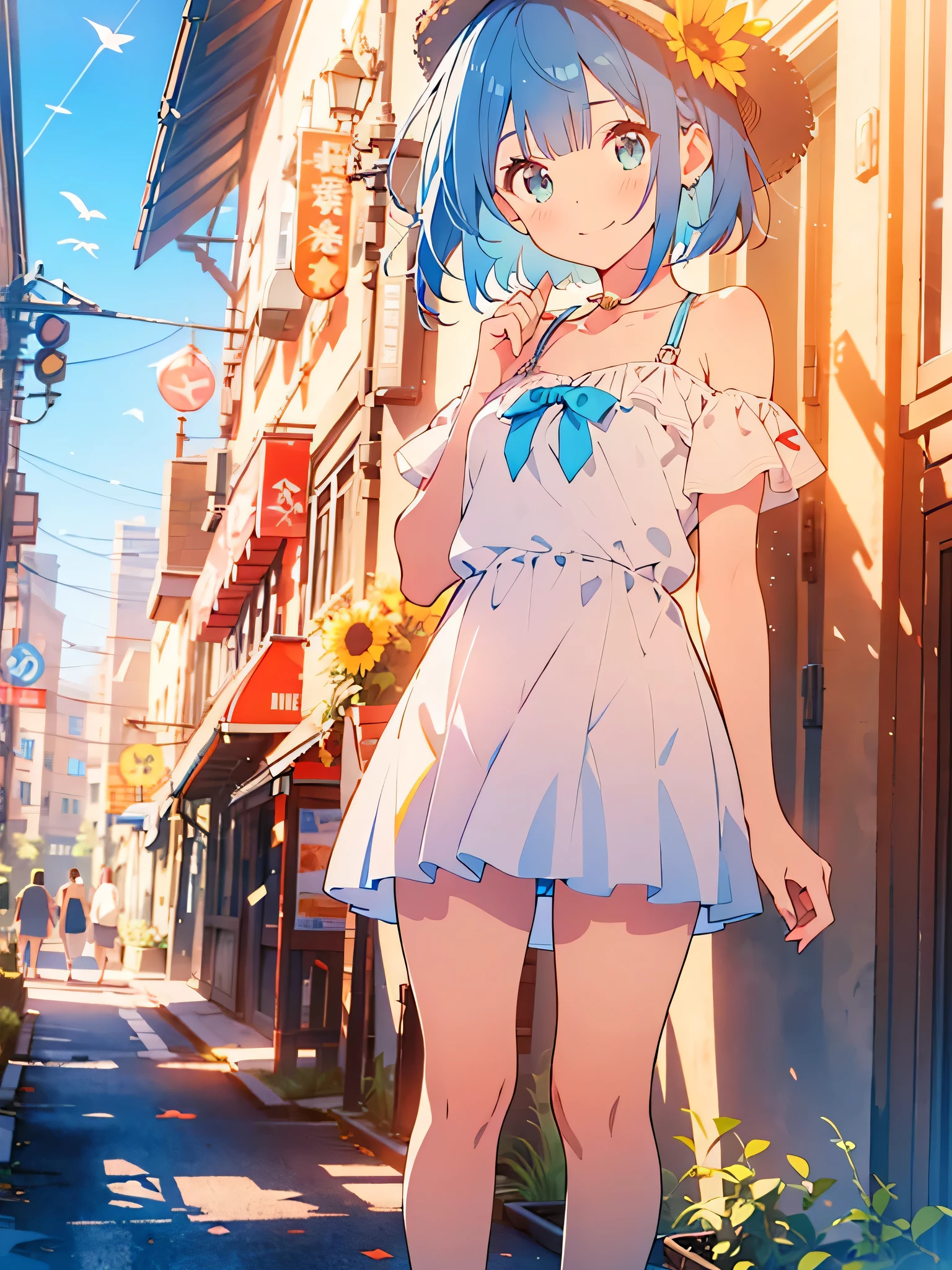 NSFW,masterpiece, best quality,(((color trace))),looking at viewer,town image,((short stature))
1girl, solo, open eyes,smile, standing,shoulder cutout, dress,((((blue hair)))),blue panty,green eyes,grim eyes, pigtail, blush, shortcut hair, white dress, clothing cutout, bangs, necklace, blurry, hand between leg,Town background, between legs, bow, facing viewer, small breasts, bare shoulders, straw hat, day, collarbone, hair bow, short sleeves, feet out of frame, ribbon,depth of field, hair over shoulder,noon,sky,bright sky,sun flower,downtown,old building