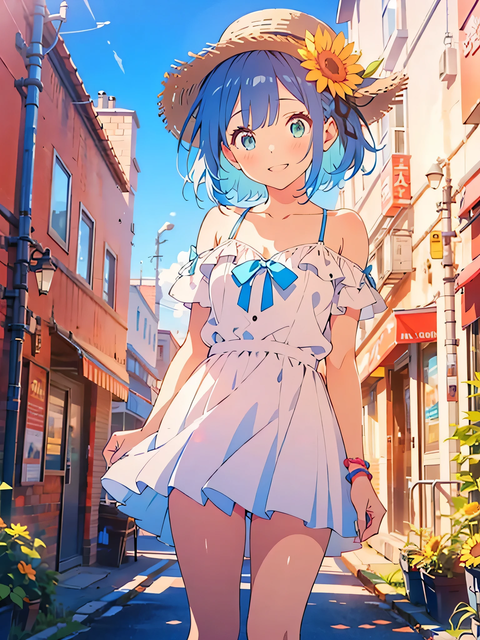 NSFW,masterpiece, best quality,(((color trace))),looking at viewer,town image,((short stature))
1girl, solo, open eyes,smile, standing,shoulder cutout, dress,((((blue hair)))),blue panty,green eyes,grim eyes, pigtail, blush, shortcut hair, white dress, clothing cutout, bangs, necklace, blurry, hand between leg,Town background, between legs, bow, facing viewer, small breasts, bare shoulders, straw hat, day, collarbone, hair bow, short sleeves, feet out of frame, ribbon,depth of field, hair over shoulder,noon,sky,bright sky,sun flower,downtown,old building