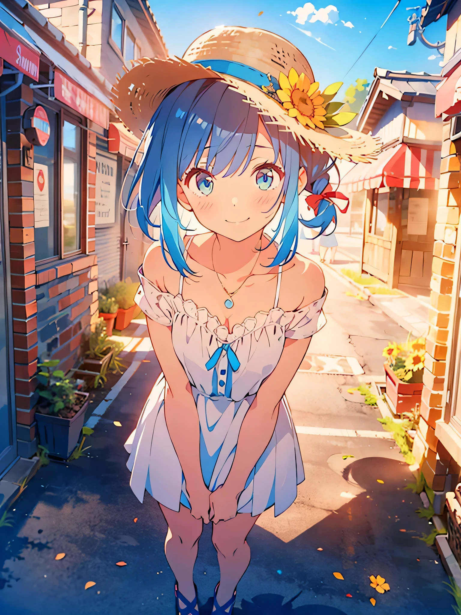 NSFW,masterpiece, best quality,(((color trace))),looking at viewer,town image,((short stature))
1girl, solo, open eyes,smile, standing,shoulder cutout, dress,((((blue hair)))),blue panty,green eyes,grim eyes, pigtail, blush, shortcut hair, white dress, clothing cutout, bangs, necklace, blurry, hand between leg,Town background, between legs, bow, facing viewer, small breasts, bare shoulders, straw hat, day, collarbone, hair bow, short sleeves, feet out of frame, ribbon,depth of field, hair over shoulder,noon,sky,bright sky,sun flower,downtown,old building