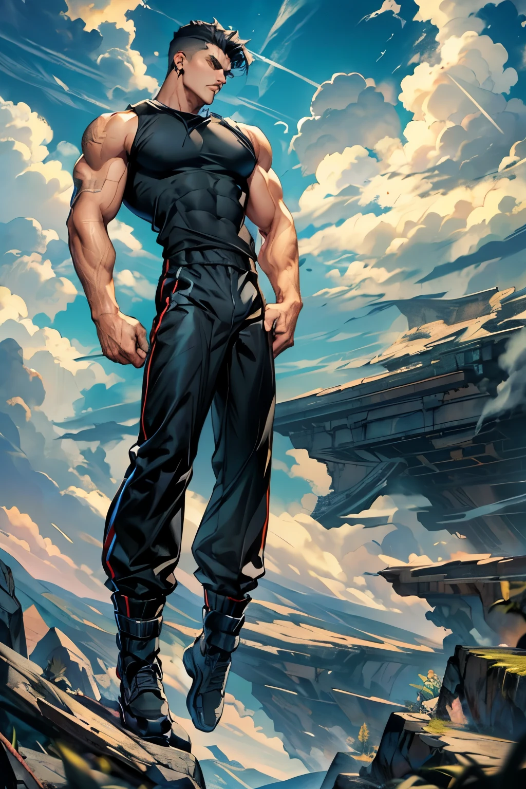 boys 26 Years old, Serious face, muscular, high cut short hair, wearing black hoodie sleeveless shirts, sleeveless tracksuit, black pants, ((hands behind back)), standing levitate on air, cloud, sky