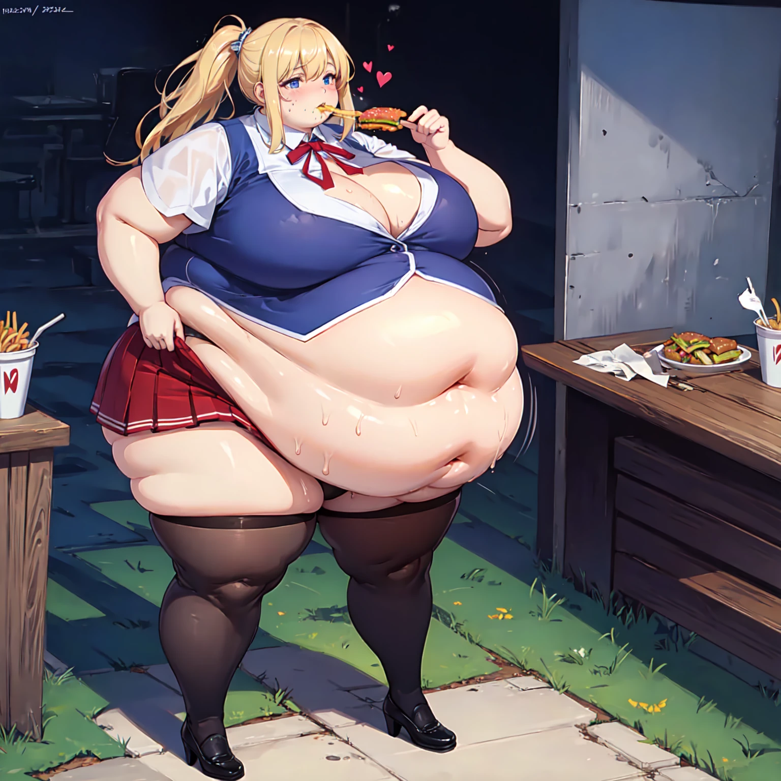 High quality, full body photo of a beautiful sexy secretary wearing extremely short skirt and seamed stockings, ((solo)), adult, high heels, craves sex, sweaty, eating at McDonalds, beautiful face, long wavy blonde hair, stunning blue eyes, massive painfully overstuffed bloated distended bulging heavy obese belly, panties visible under skirt, revealing skirt, shes binge eating, weight gain, very wide fat hips, fat thick thighs, massive wide fat round heart shaped shelf bubble butt, massive fat heavy breasts, very deep cleavage, tight uniform, belly so full it hurts, shes so fat she can barely stand, shes so full she can barely stand, her clothes dont fit shes so extremely fat, shes become a fat food addicted slob, she doesnt care about being fat anymore she just wants to eat more and more food until she cant move, covered in sweat, belly bigger than her body, she’s very heavy massive and obese, fat cheeks, fat face, fat neck, struggling to eat more, struggling to stand, shes rubbing her belly, burping, sagging obese belly, gurgling belly, she cant fit anymore food inside her belly,