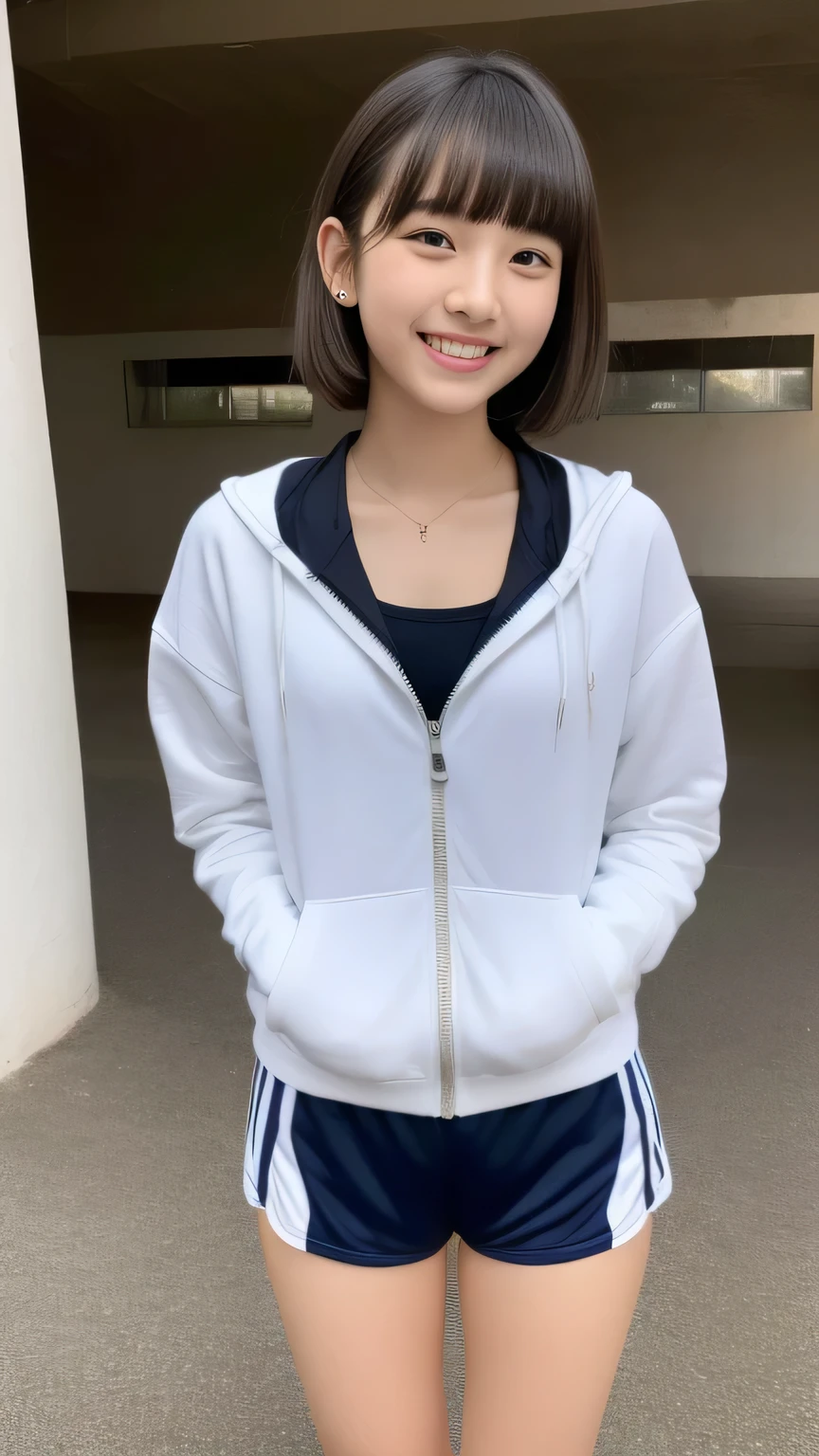 Beautiful woman、17 years old 、Full Body Shot、Sweat、Sportswear、Arena、bangs、Laughter、Shortcuts