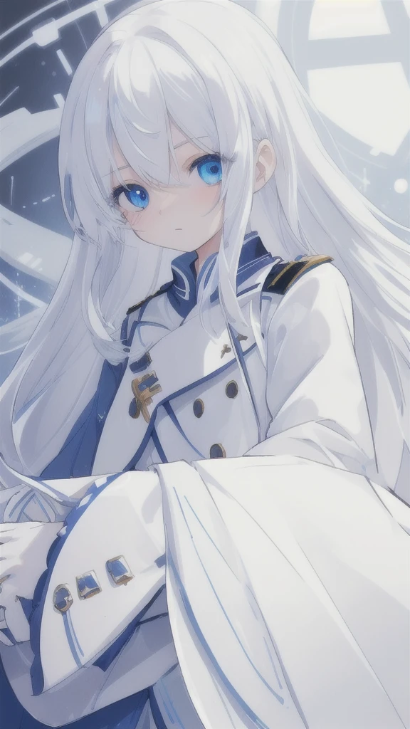 (best quality,highres),long white hair,detailed blue eyes,white uniform,vivid colors,photorealistic,studio lighting