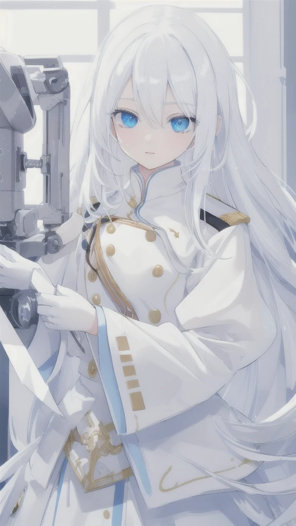 (best quality,highres),long white hair,detailed blue eyes,white uniform,vivid colors,photorealistic,studio lighting