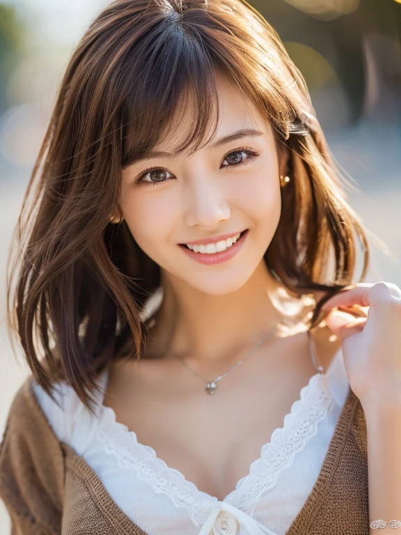 (8k, Realistic, RAW Photos, Best image quality: 1.4), Japanese 、(Random Hairstyles:1.2)、Cleavage:1.2、Highly detailed face、Attention to detail、double eyelid、Chest to chest、Sharp focus:1.2、Beautiful woman:1.4、Light brown hair、highest quality、masterpiece、超A high resolution、(Realistic:1.4)、Highly detailed and professionally lit smiles、Loose, T-Shirts、thin、Cute expression、Bobcut