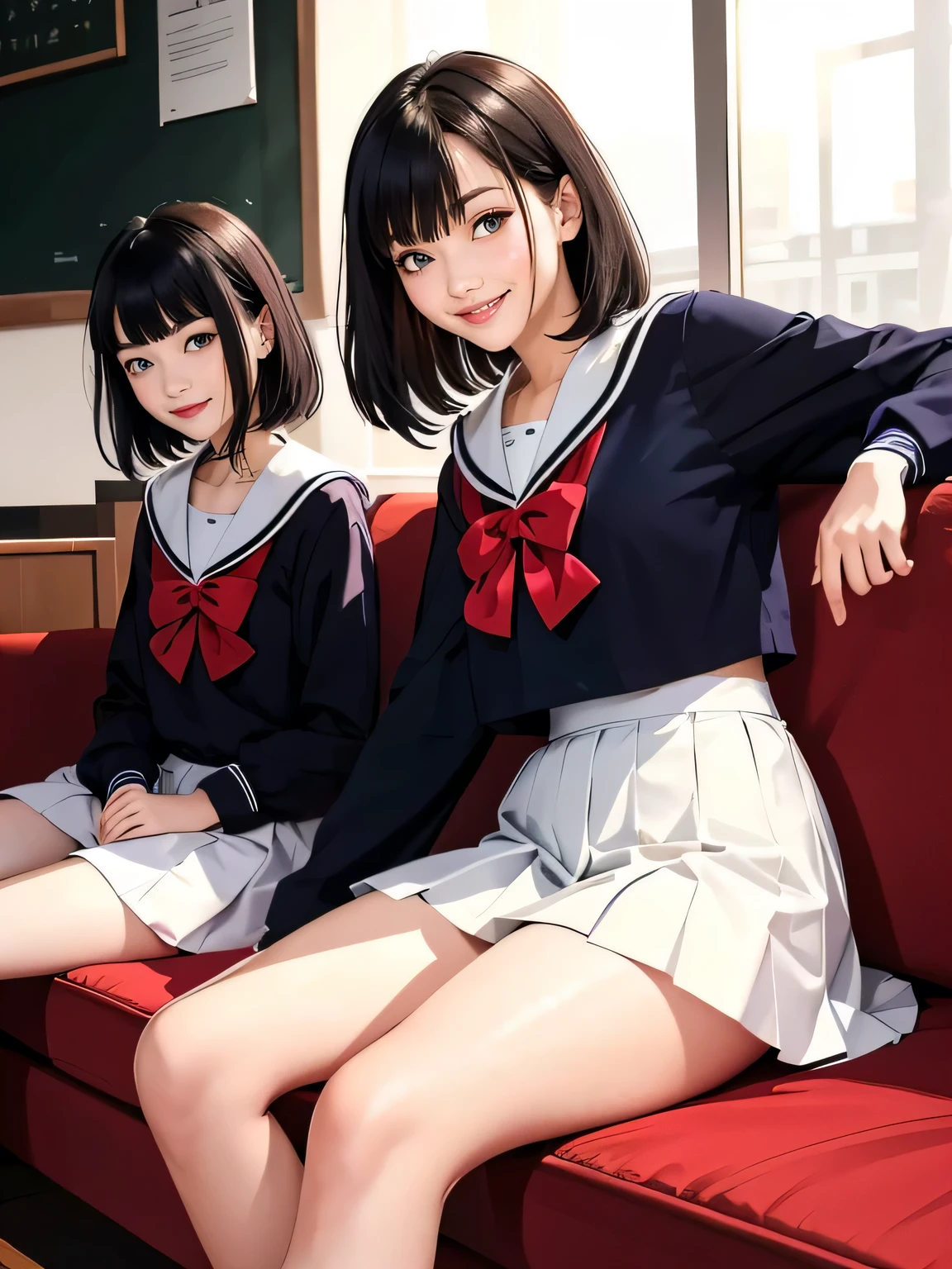 (top-quality、in 8K、32K、masterpiece、超A high resolution、Impresionismo、Photorealsitic:1.2)、Full body, Inside the classroom、Schools、Evening glow、beauitful face、blurry backround、16-year-old beautiful girl、shinny skin、bob cuts、Beautiful black hair、(Katyusha:1.2)、a sailor suit、Pleated miniskirt、Curve、dynamicposes、Smile with open mouth、Two girls, lying on sofa