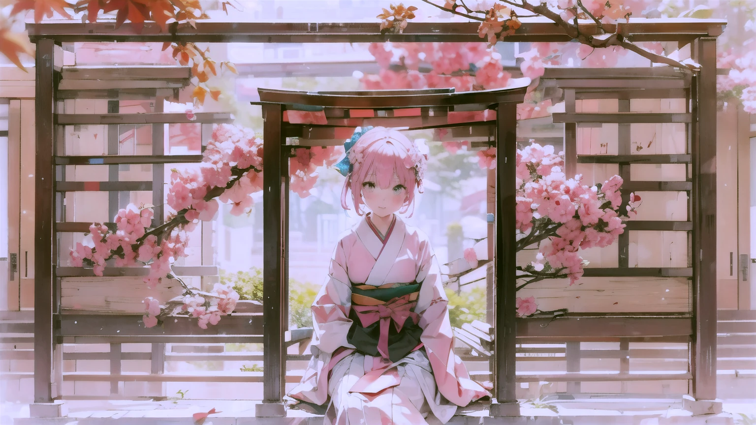 high resolution,One beautiful woman(Pink Hair Color,Wearing a Japanese kimono),Sit upright and drink tea