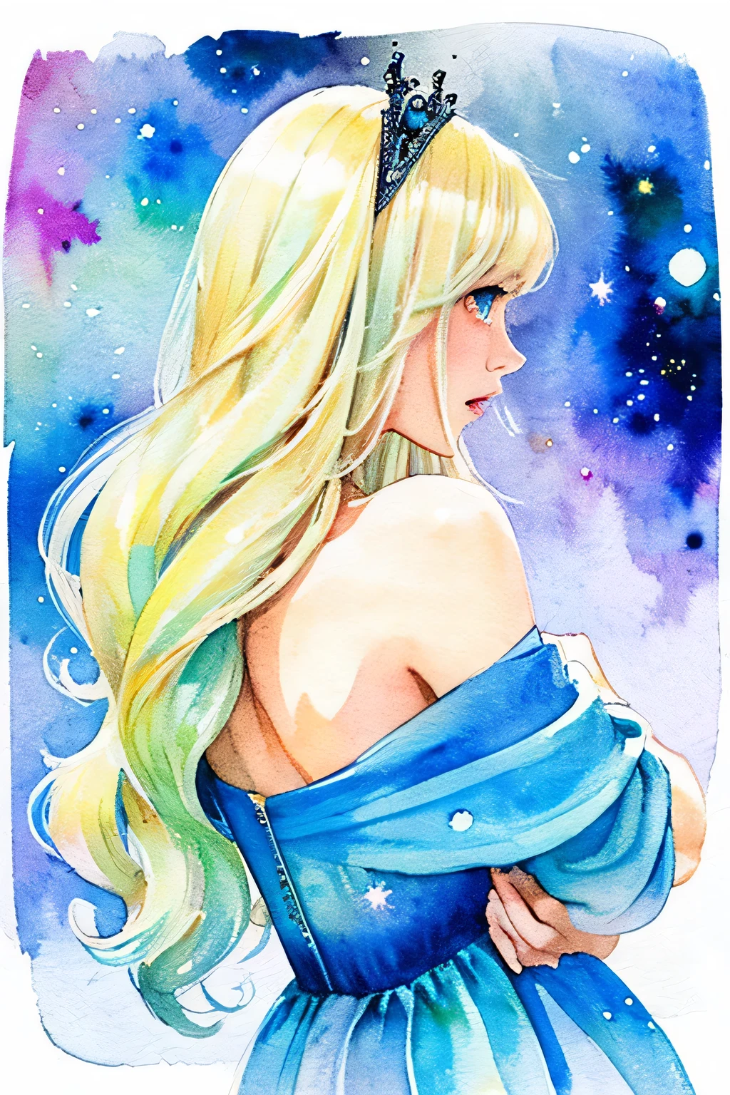 Watercolor,Abstract, The world of picture books Princess,Long, fluffy blonde hair down to her waist,Blue long off-the-shoulder dress A back view of a crying girl gazing at the starry sky