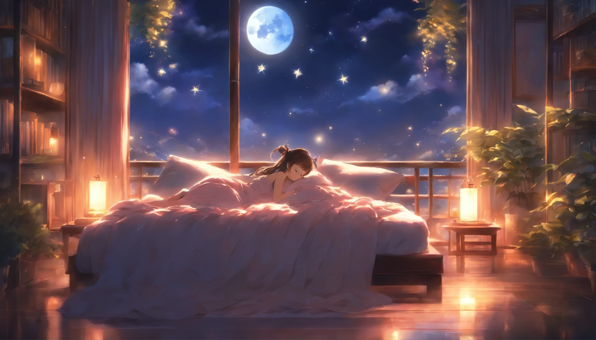 (Peaceful Dreams,夜のTranquility,Tranquility,peaceful sleep),(highest quality,Very detailed,Realistic),(Painting),(Shining Star,Gentle moonlight),(Soft pillow,Comfortable bed,Dreamy atmosphere),(Tranquility,Luxurious sleep),(Peaceful and serene),(Subtle colors,Dark and warm tones),(Soft and diffuse lighting)