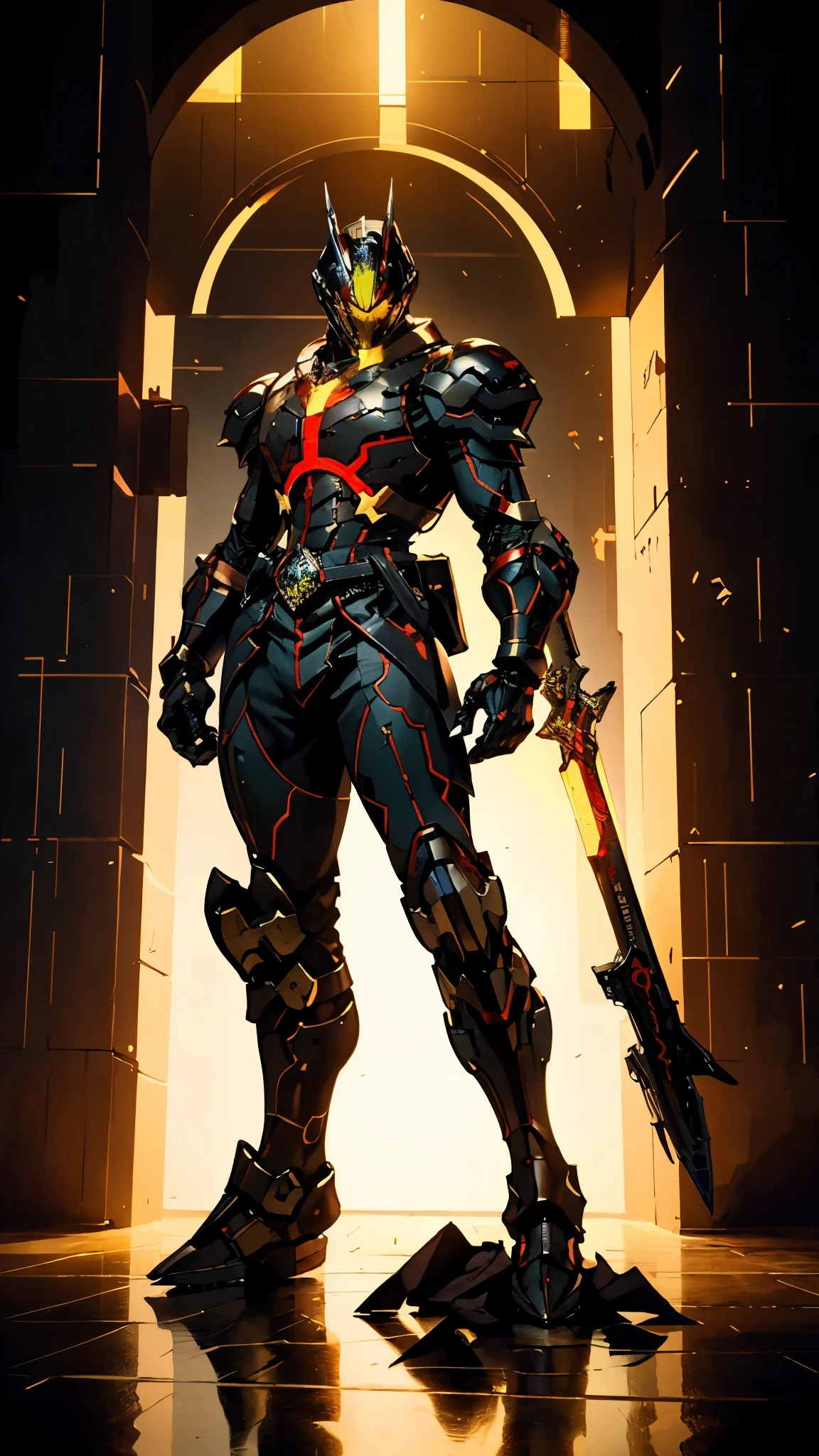A man wearing a full-face helmet, a fantasy-style biotech armored combat suit, green eyes, (a composite layered chest armor), fully enclosed shoulder guards, matching arm and leg guards, the belt is adorned with fangs biting into gem, (the color scheme is primarily black with red accents), the design balances heavy with agility, a high-tech bio-mecha armor, (Armor Concept Inspired by Godzilla, stand on the top of a skyscraper in a futuristic sci-fi city), this character embodies a finely crafted fantasy-surreal style armored hero in anime style, exquisite and mature manga art style, (element, plasma, energy, the armor glows), ((male:1.5)), metallic, real texture material, dramatic, high definition, best quality, highres, ultra-detailed, ultra-fine painting, extremely delicate, professional, perfect body proportions, golden ratio, anatomically correct, symmetrical face, extremely detailed eyes and face, high quality eyes, creativity, RAW photo, UHD, 32k, Natural light, cinematic lighting, masterpiece-anatomy-perfect, masterpiece:1.5