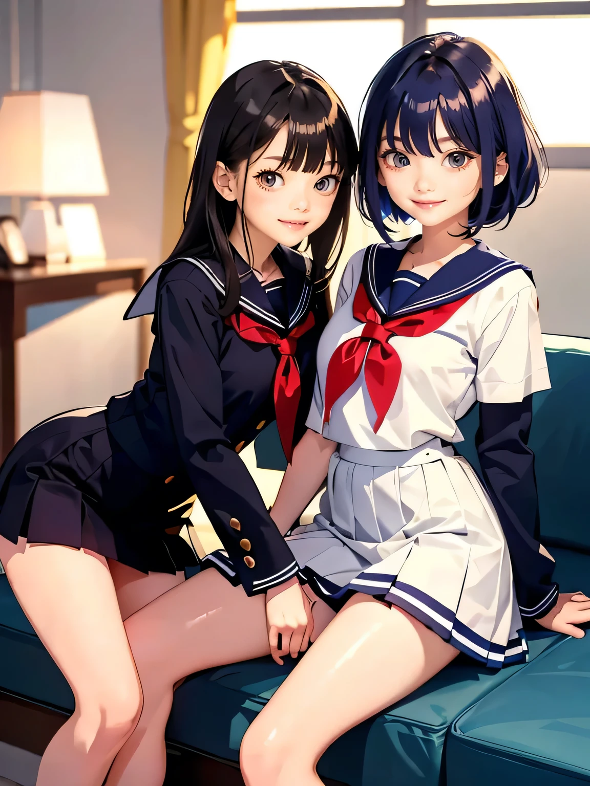 (top-quality、in 8K、32K、​masterpiece、超A high resolution、Impresionismo、Photorealsitic:1.2)、Full body, Inside the classroom、Schools、Evening glow、beauitful face、blurry backround、16-year-old beautiful girl、shinny skin、bob cuts、Beautiful black hair、(Katyusha:1.2)、a sailor suit、Pleated miniskirt、Curve、dynamicposes、Smile with open mouth、Two girls, lying on sofa
