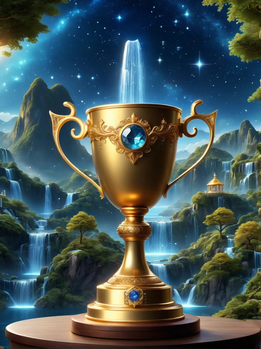 A majestic golden trophy in the magic world，Luxury，Spectacular，Sophisticated design，The surface is inlaid with precious gemstones，It rests on a pedestal adorned with mystical runes and surrounded by a radiant halo.，The background is a dreamy landscape，There are floating islands、sparkling waterfalls，The sky is filled with twinkling stars and glowing constellations，Adds a charming atmosphere，The whole scene exudes magnificence and magic，The beam highlights the grandeur of the trophy。