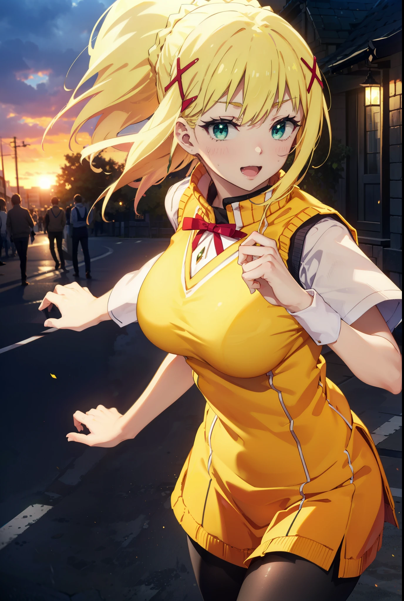 Lalatina Dusty Nesford, Lalatina Dustiness Ford, darkness \(KonoSuba\), Long Hair, (Green Eyes:1.3), Blonde, hair ornaments, ponytail, Braiding, x hair ornaments,Big Breasts,happy smile, smile, Open your mouth, White shirt,Short sleeve,Sweater vest, black tights,(yellow Sweater vest:1.5),Black pleated skirt,Black Loafers,whole bodyがイラストに入るように,Walking,Sunset,evening,The sun is setting, break outdoor,In town,Building district,,crowd, people々々々々々, break looking at viewer, whole body, break (masterpiece:1.2), highest quality, High resolution, unity 8k wallpaper, (shape:0.8), (Beautiful and beautiful eyes:1.6), Highly detailed face, Perfect lighting, Extremely detailed CG, (Perfect hands, Perfect Anatomy),