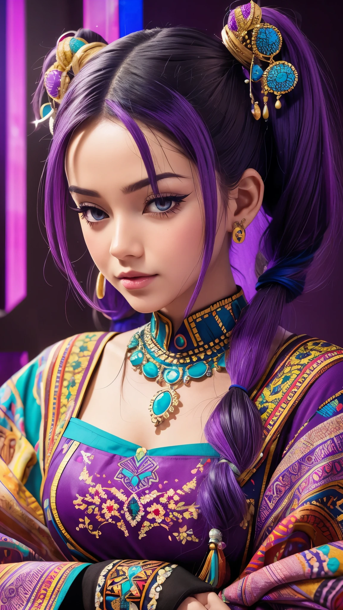 (absurdres, highres, ultra detailed), (1girl:1.3), twintails, purple hair, BREAK , glitch art, digital distortion, pixelated fragments, data corruption, colorful noise, visual chaos, contemporary aesthetics BREAK , enamel art, glass-like surface, vibrant colors, glossy finish, reflective textures, rich pigments, fluid forms BREAK , ethnic style, traditional clothing, vibrant patterns, handmade textiles, cultural motifs, beaded jewelry, artisanal accessories