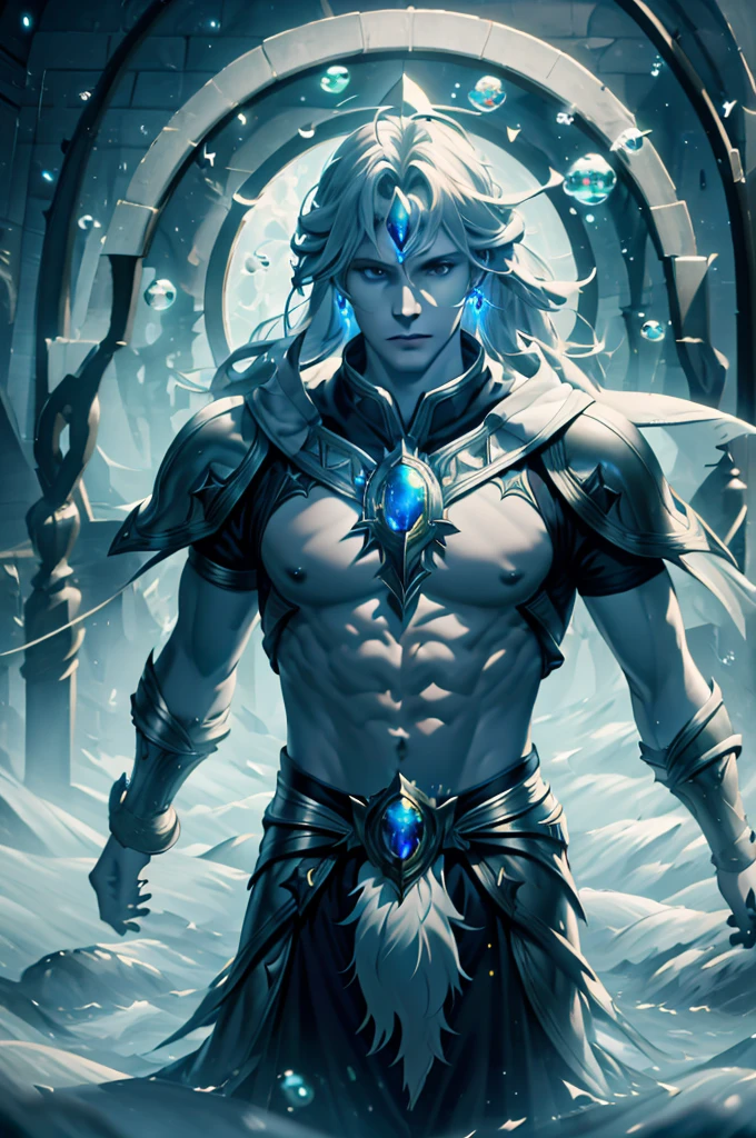 (best quality, highres, 4k, masterpiece:1.2), realistic, tall and muscular man, dark theme, magical, underwater scene, reflective mirror, floating piece of glass, rainbow sunlight, swirling bubbles, swirling wind, aurora, fantasy scenery, starlight around the character, upper body