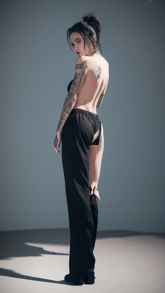 best quality，masterpiece，8k, Beautiful woman，(Topless)，whole body，(Tattoo)，Black casual pants，Female Mafia，Cyberpunk City，night，Look back at me