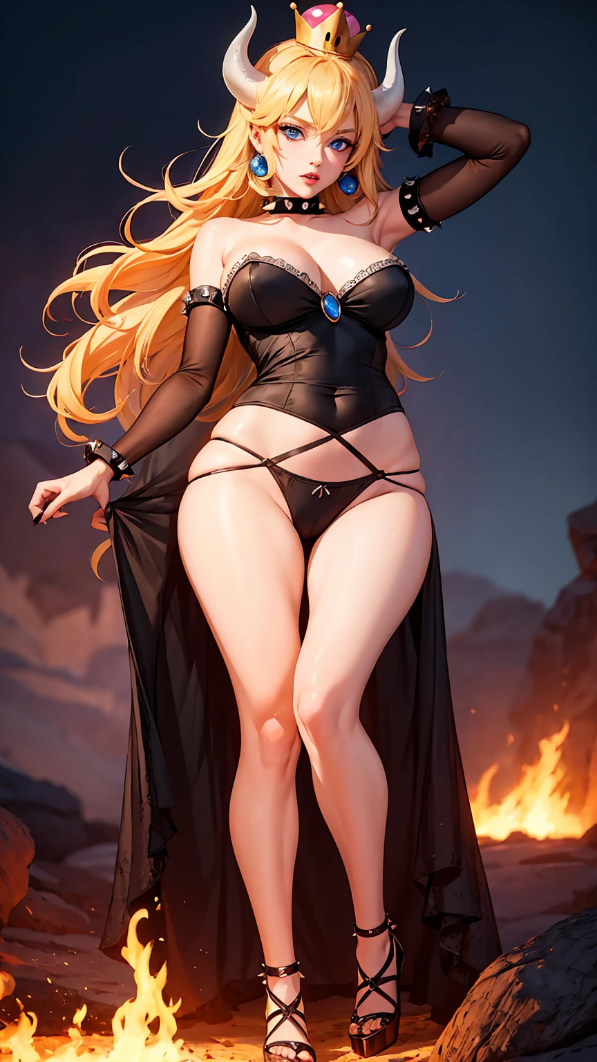 ((high detailed, best quality, 4k, masterpiece, hd:1.3)), ((best quality)), (((HD))), (((8k))), (ultraDH), (ultra HD), Princess Daisy, blue eyes, BREAK blue eyes, seductive, attractive, smooth anime cg art, 36C , long legs, vivid colors, detailed digital art, slim body, perfect skin, dark blonde hair, long hair, blonde hair, blonde hair, BREAK crown, cleavagleavage, lookiewer, BREAK looking at viewer, extremely detailed face, red santa suit, red santa claus suit, santa claus suit, earrings, gem, dark black makeup lips, dark gothic eyeshadows, dark eyeshadows, black eyeshadows, black sexy lips, black lips, rk:1.2), dark lips, very dark lips, (perfect hands, perfect anatomy), black makeup, black medium lips, black thick lips, detailed fingers, five fingers per hand, 5 fingers, (1 girl), detailed lips, detailed black lips, black painted lips, gothic painted lips, BREAK night, night sky, (breast focus), (arms outst:1.2), (from above:1.1), (breasts out:1.3), (off shoulder:white horns), (lingerie), inside a lava castle, she inside a sea of lava, she bathing in lava, full body, perfect long legs, perfect foots, legs and foots into the lava, (((heels)))